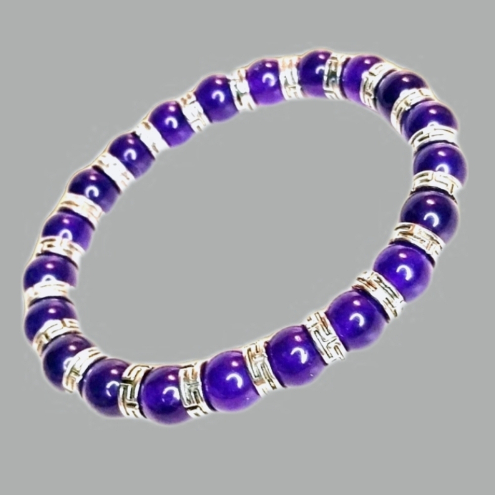 Handmade Amethyst/Silver Beaded Stretch Bracelet Boho Ethnic Tribal Native 7.5